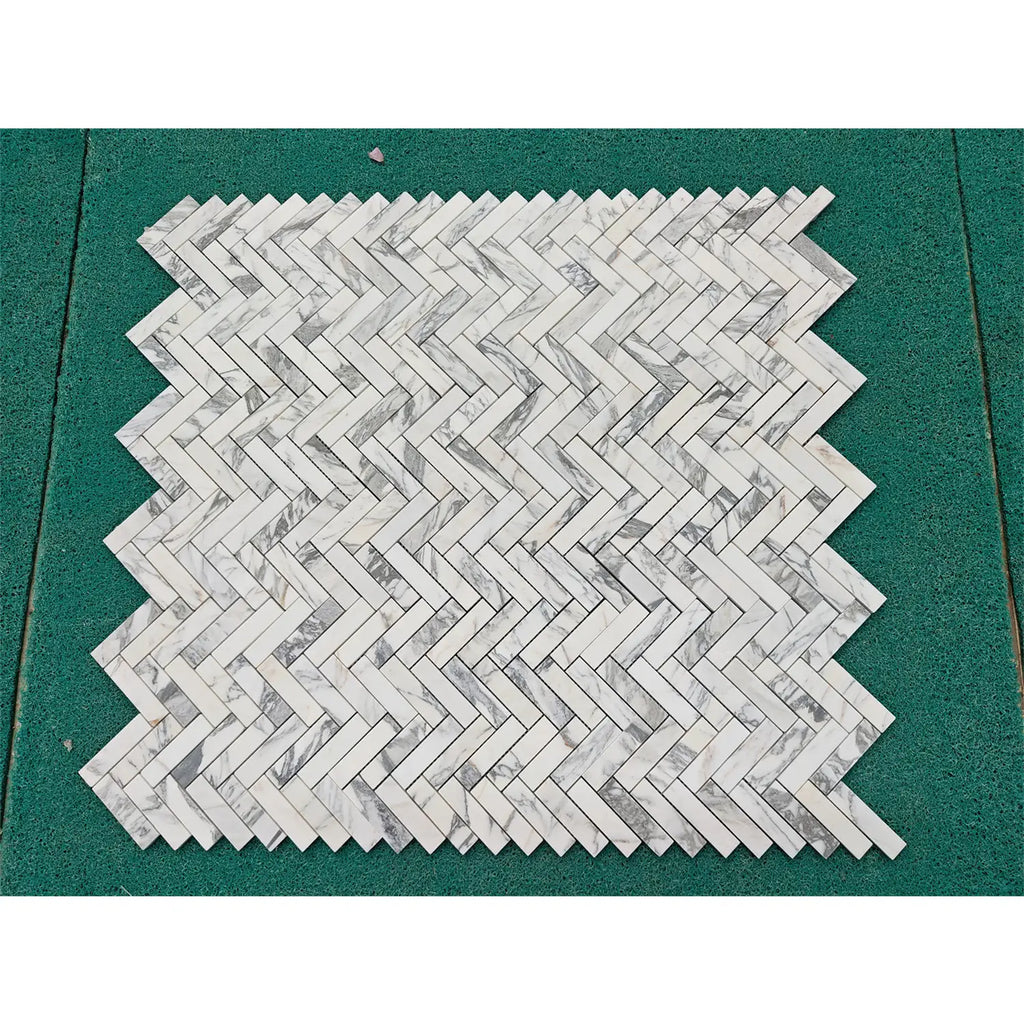 Arabescato Corchia white gray marble herringbone mosaic tiles