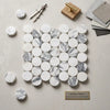 Arabescato Corchia large penny round polished white and gray veined marble mosaic tiles arranged in a square pattern
