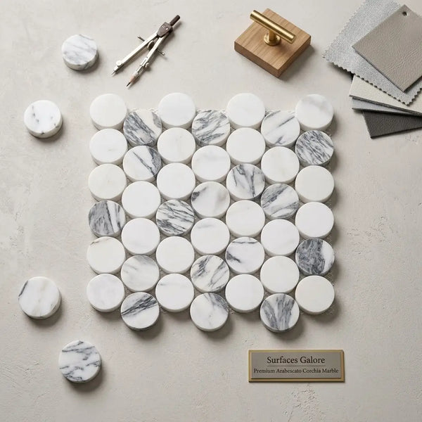 Arabescato Corchia large penny round polished white and gray veined marble mosaic tiles arranged in a square pattern