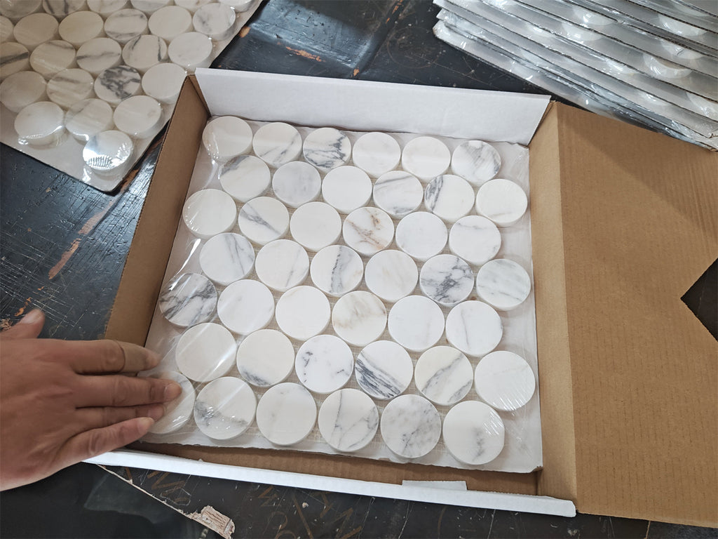 Arabescato Corchia large penny round white mosaic tiles in box