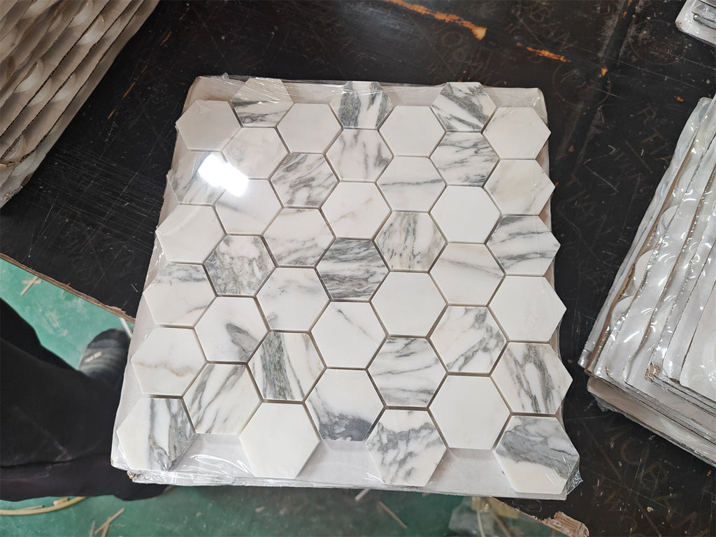 White and gray Arabescato Corchia 2-inch hexagon polished marble mosaic tile panel