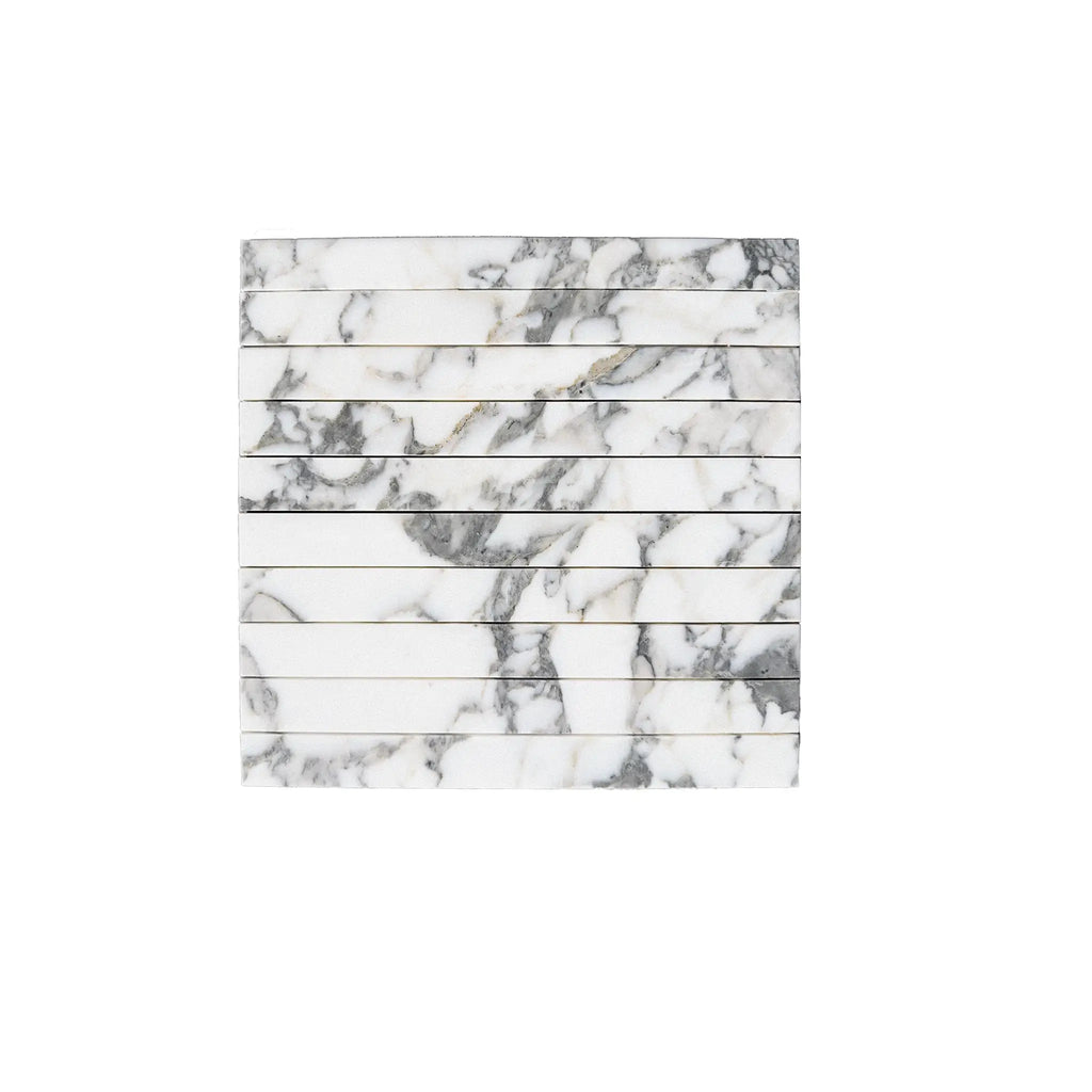 Marble-patterned stacked coasters from Arabescato Corchia Marble Mosaic collection
