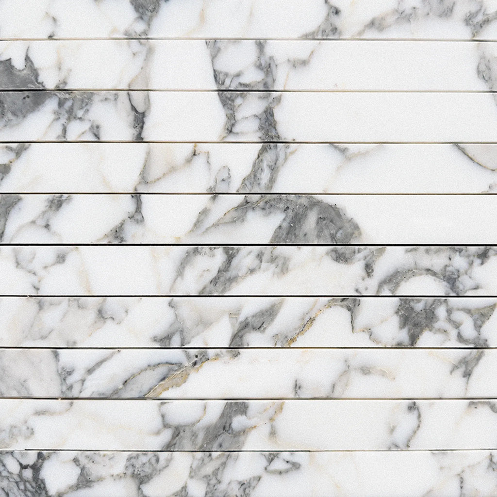 Stacked Arabescato Corchia Marble tiles in 1 1/8 X 12 Mosaic design