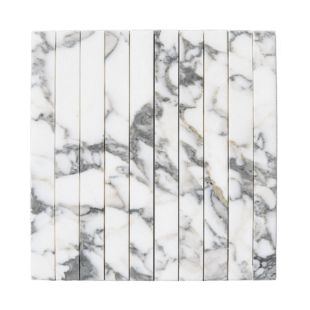 White and gray marble tile strips in Arabescato Corchia Marble mosaic design