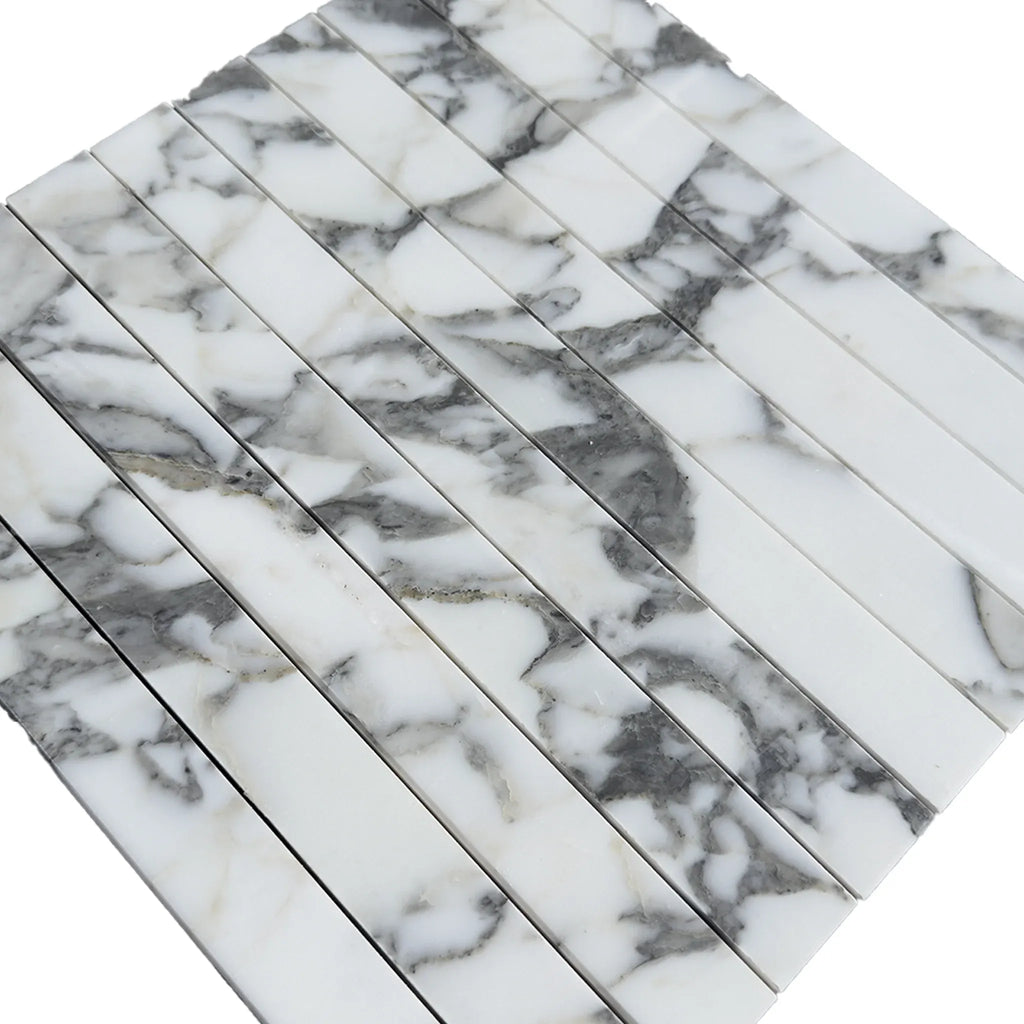 White and gray marble tile strips of Arabescato Corchia Marble 1 1/8 X 12 Mosaic