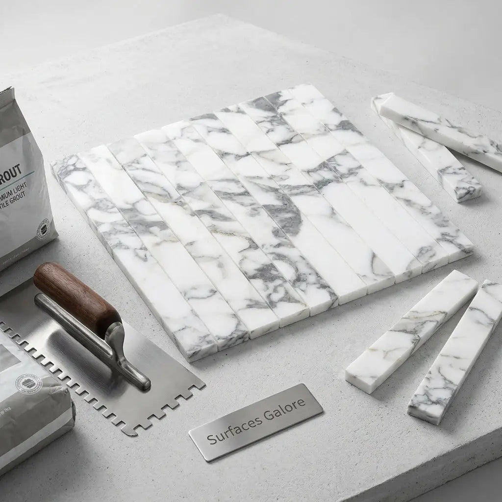 Arabescato Corchia marble 1 1/8 x 12 mosaic white and gray polished marble tile strips with sleek finish