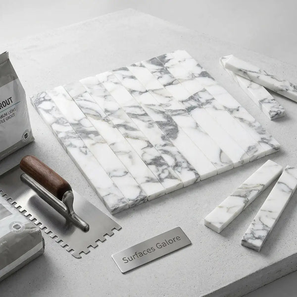 Arabescato Corchia marble 1 1/8 x 12 mosaic white and gray polished marble tile strips with sleek finish