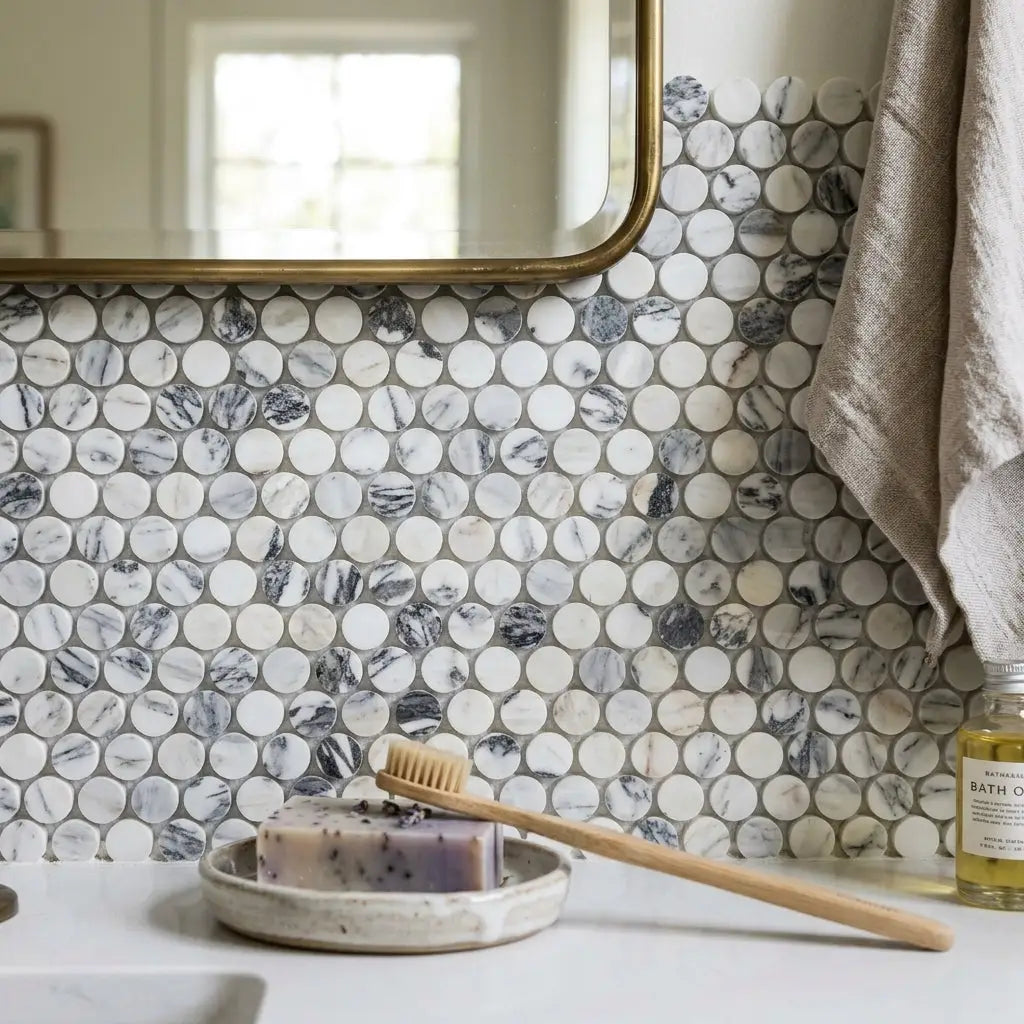 A rectangular lavender-scented soap with purple flecks in a rustic ceramic dish beside a wooden toothbrush