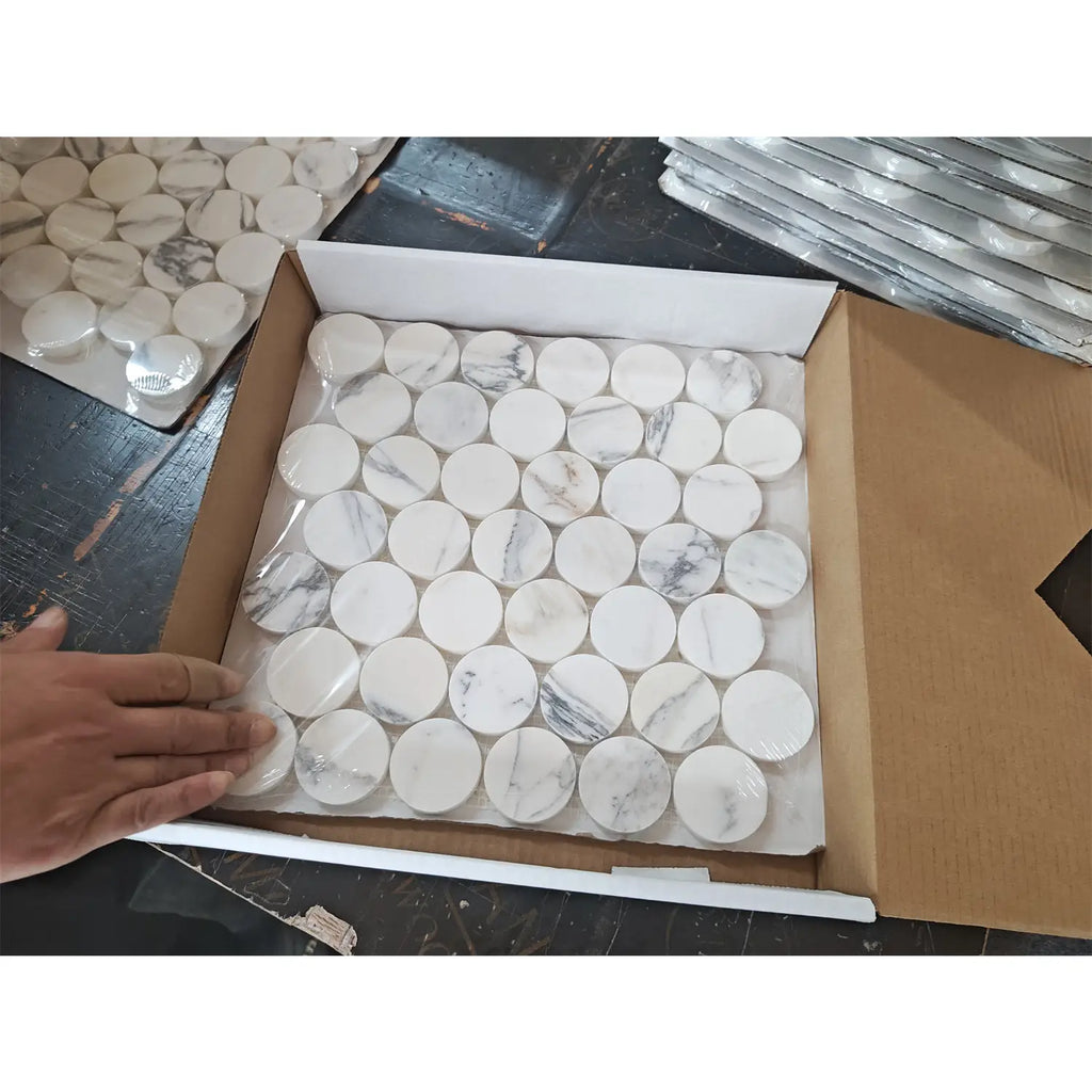 Arabescato Corchia PennyRound white mosaic tiles in box