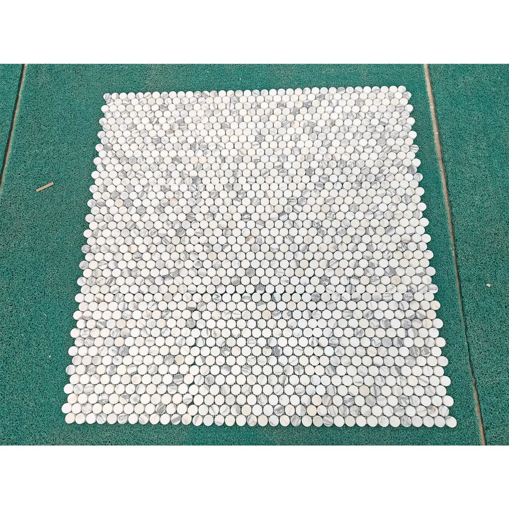 Arabescato Corchia PennyRound polished white gray marble hexagonal mosaic tile sheet