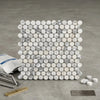 White and gray marble arabescato corchia pennyround polished tile with circular pieces arranged in a grid pattern