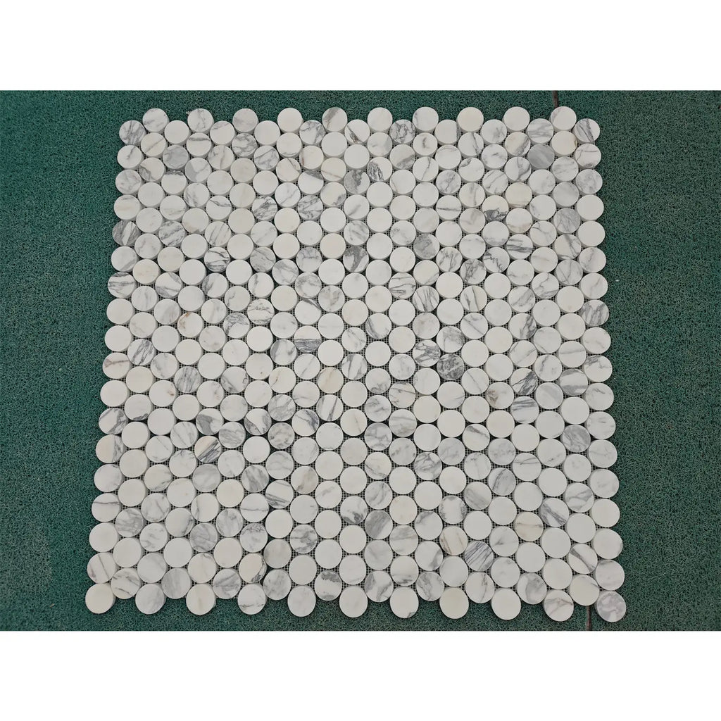Arabescato Corchia PennyRound white marble mosaic tile, polished grid pattern