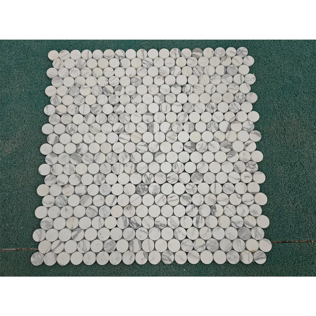 Arabescato Corchia PennyRound white marble mosaic tile, polished grid of round pieces