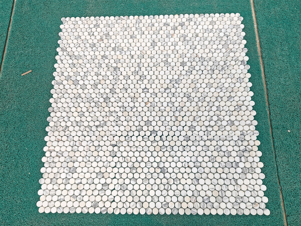 White and gray Arabescato Corchia penny round marble mosaic tile sheet