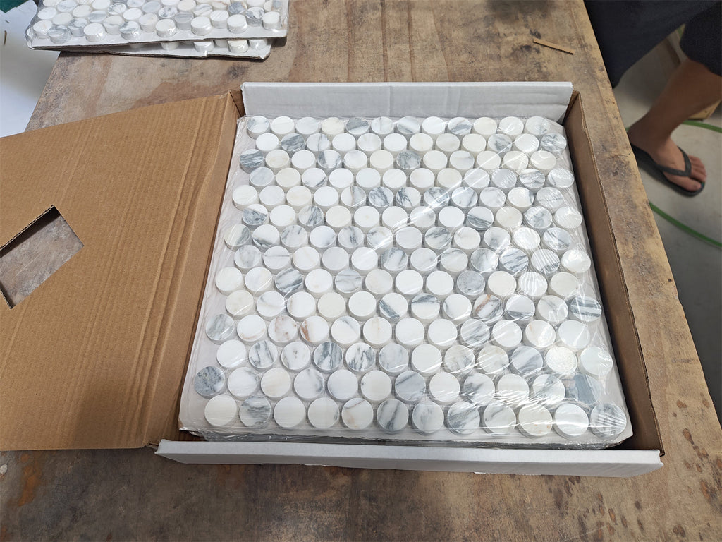 White Arabescato Corchia PennyRound polished mosaic tiles in box