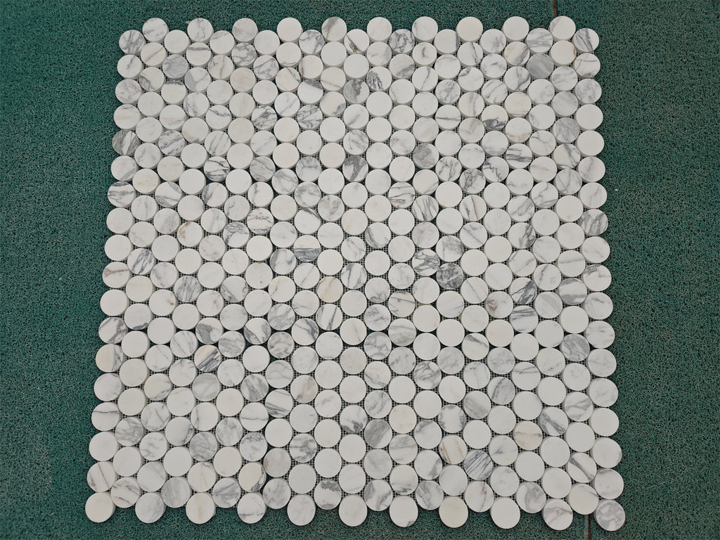 Arabescato Corchia PennyRound white marble mosaic tile, polished grid pattern