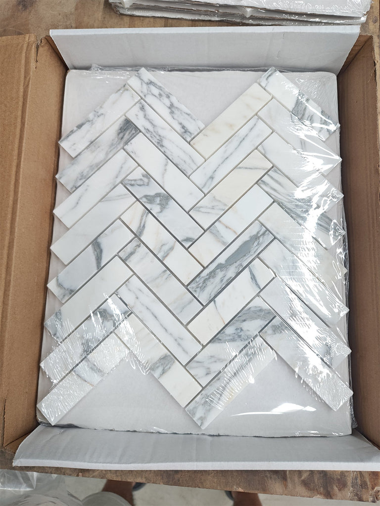 Arabescato Corchia white marble penny round herringbone mosaic tiles