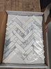 Arabescato Corchia white marble penny round herringbone mosaic tiles