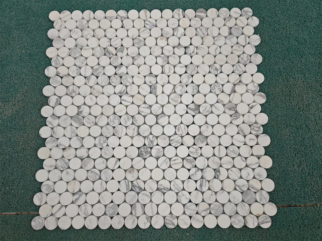 Arabescato Corchia PennyRound white marble mosaic tile, polished grid of round pieces