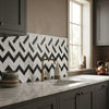 Black and white herringbone patterned Arezzo backsplash tiles in Carrara white and Nero Marquina 4x12 set
