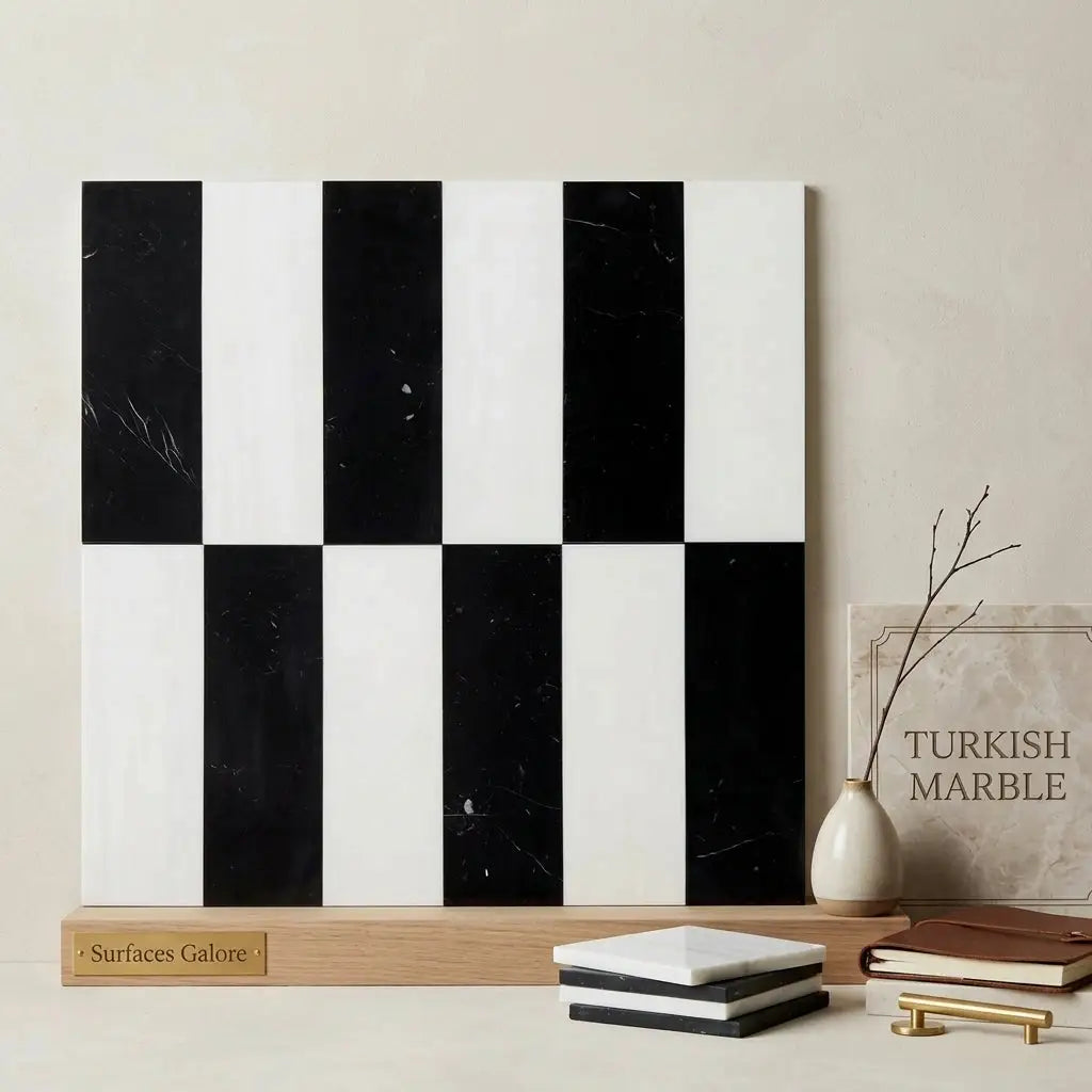 Black and white marble checkerboard tiles arerezzo in bianco dolomite and nero marquina 4x12 set on wooden display stand