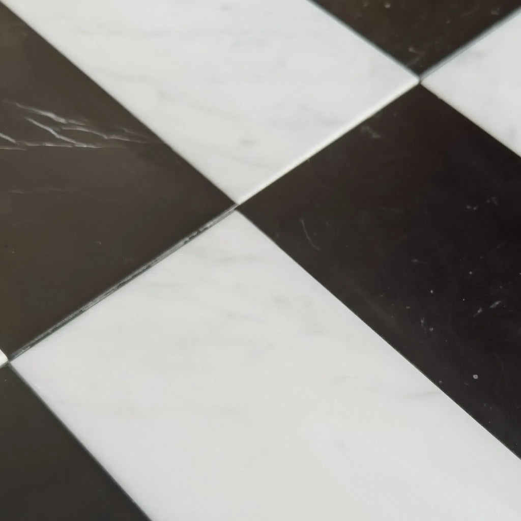 Black and white checkered tiles from Arezzo in Carrara White and Nero Marquina 4X12 Set