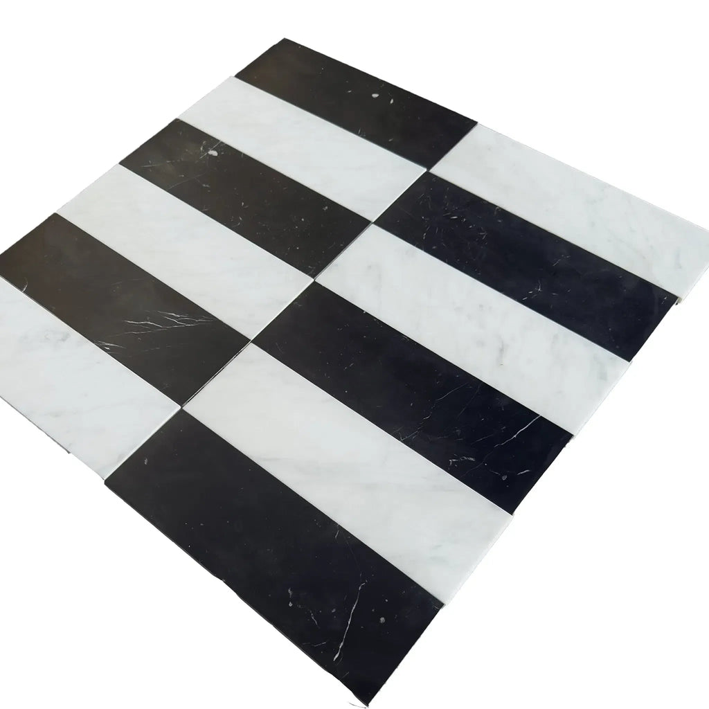 Black and white striped tiles from Arezzo in Carrara White and Nero Marquina 4X12 Set