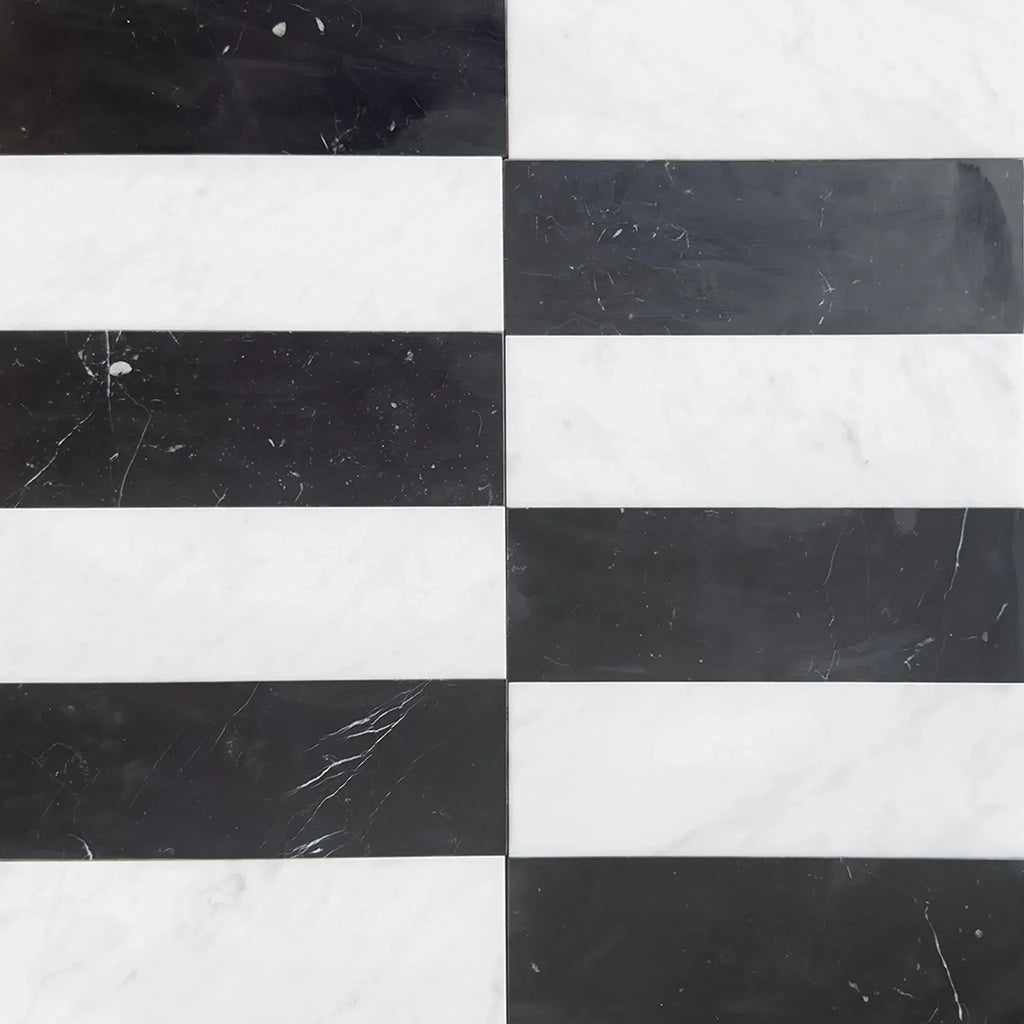 Black and white marble tile pattern in Arezzo Carrara White and Nero Marquina 4X12 Set