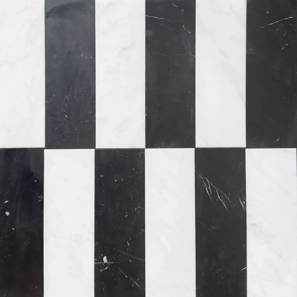 Black and white marble tile pattern of Arezzo in Carrara White and Nero Marquina 4X12 Set