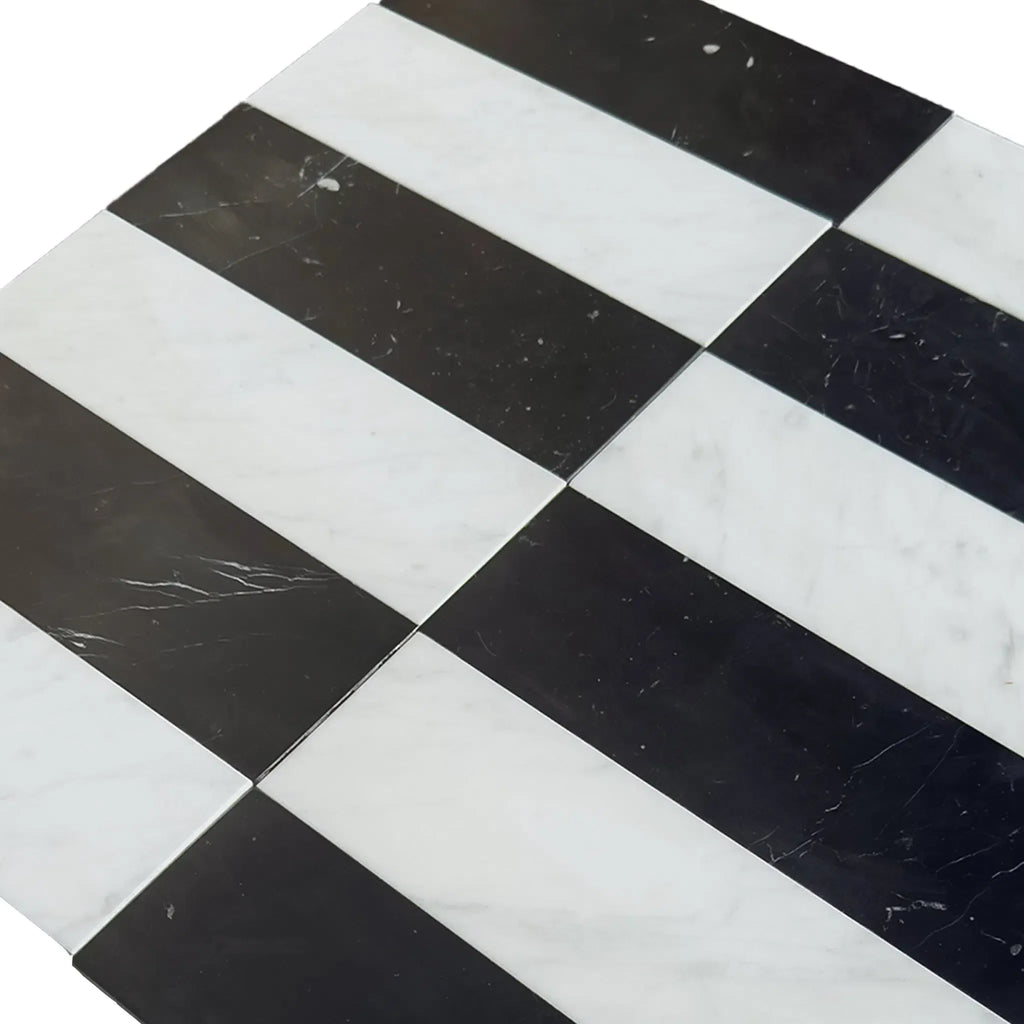 Black and white striped tiles in Arezzo Carrara White and Nero Marquina 4X12 Set