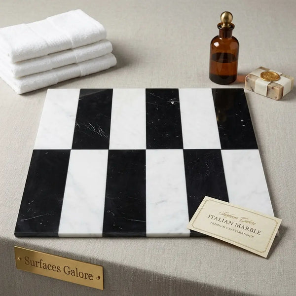 Arezzo black and white marble serving board with a striking checkered pattern in carrara white and nero marquina