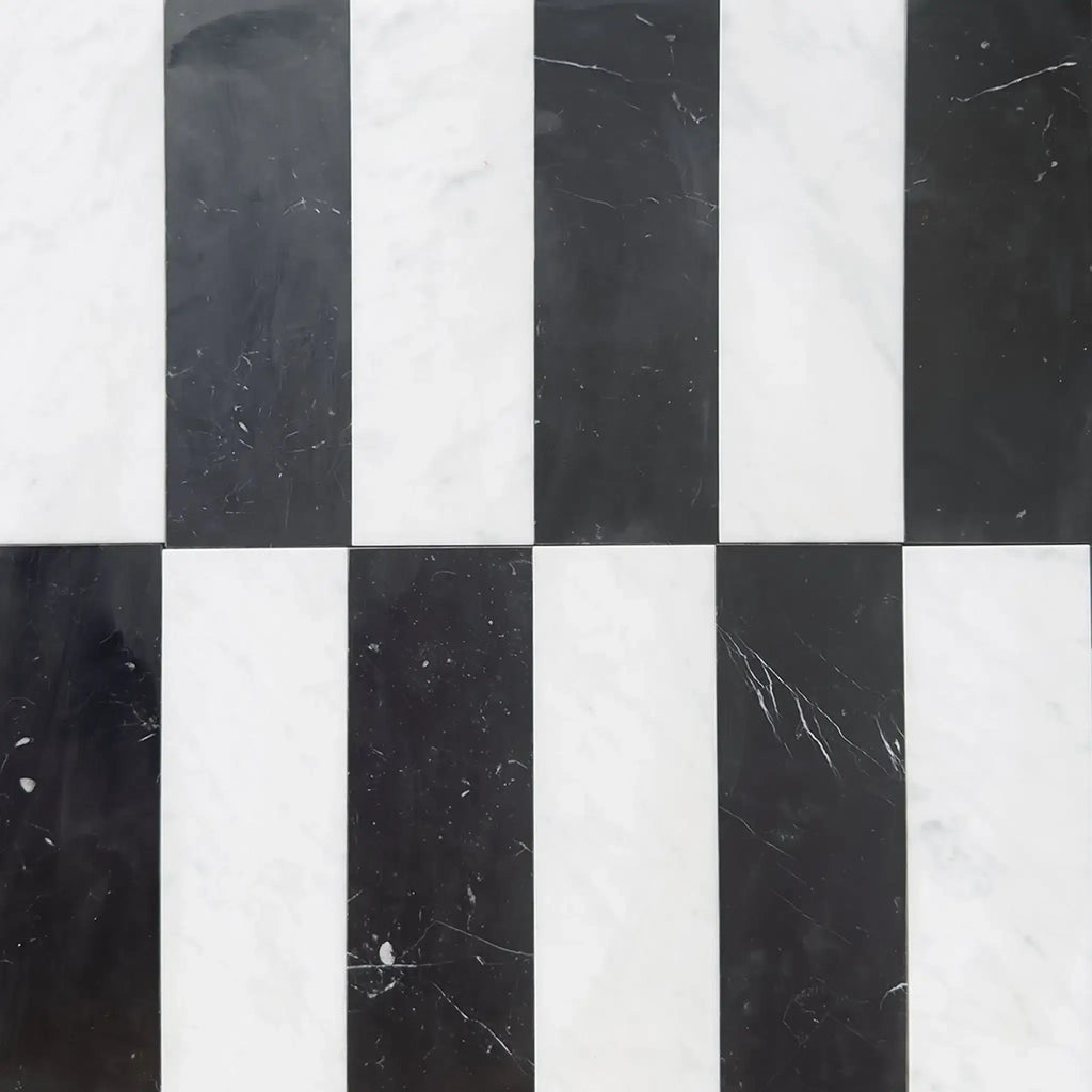 Black and white marble tile pattern of Arezzo in Carrara White and Nero Marquina 4X12 Set