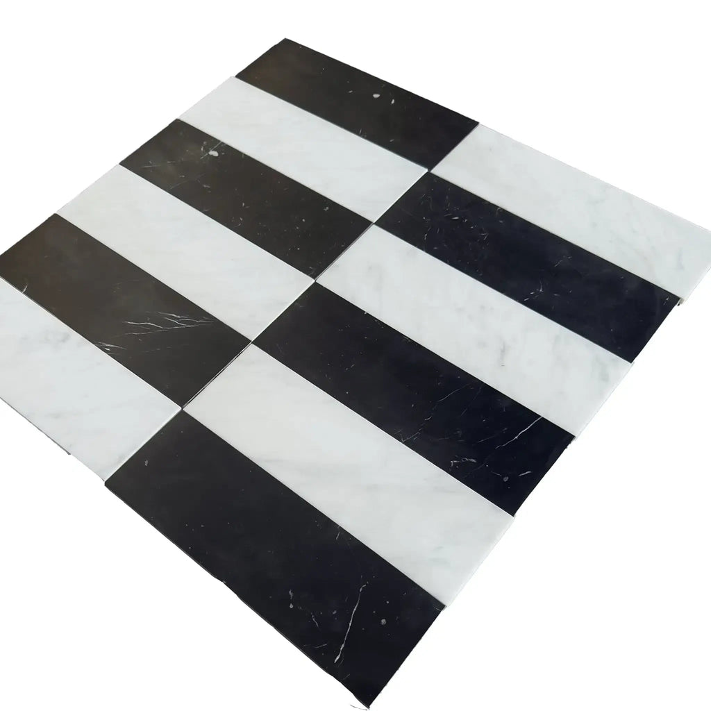 Black and white striped tiles from Arezzo in Carrara White and Nero Marquina 4X12 Set