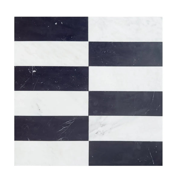 Black and white striped tile from Arezzo in Oriental White and Nero Marquina set