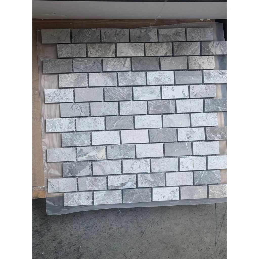 Atlantic Gray Marble 1x2 brick mosaic tile panel with gray veining