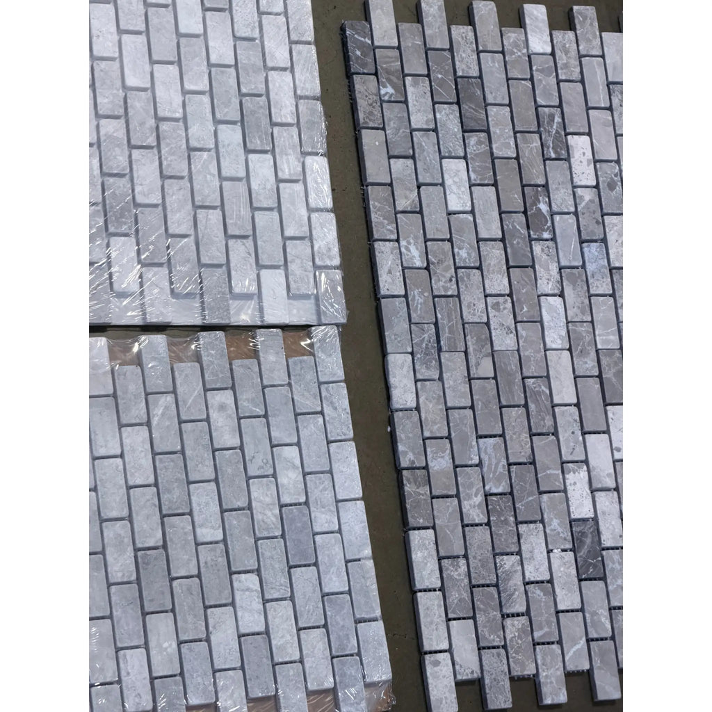 Atlantic Gray Marble 1x2 Brick Mosaic Tumbled tiles with subtle veining