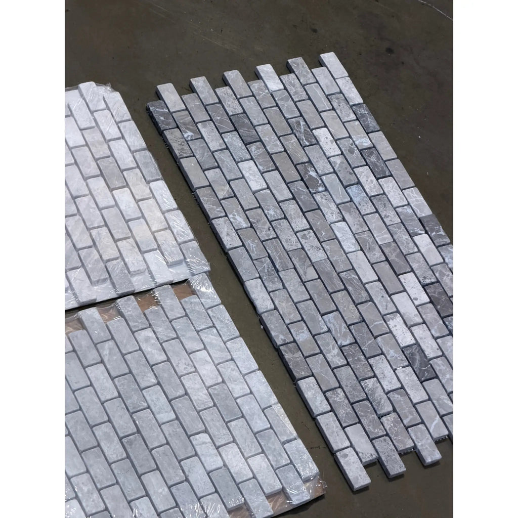 Atlantic Gray Marble 1x2 Brick Mosaic Tumbled in gray and white pattern