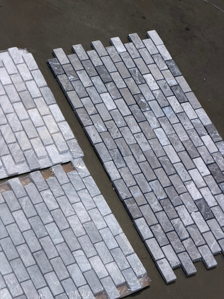 Atlantic Gray Marble 1x2 Brick Mosaic Tumbled in gray and white pattern