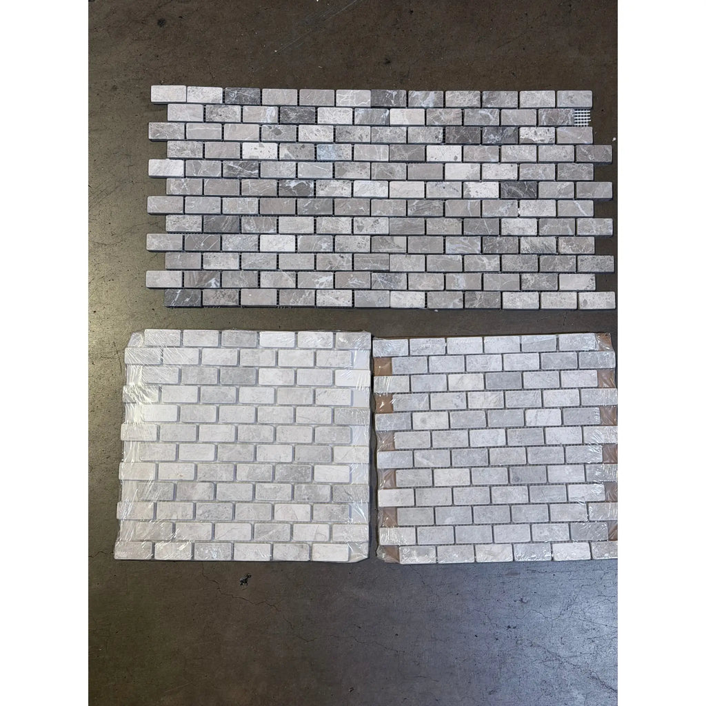 Atlantic Gray Marble 1x2 tumbled brick mosaic in gray and white