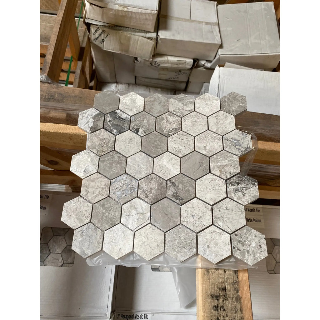 Atlantic gray marble 2 inch hexagon mosaic tile with silver gray marble finish and subtle veining polished or honed