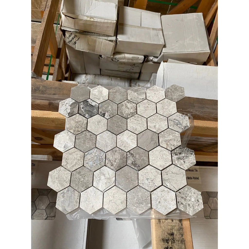 Atlantic gray marble 2 inch hexagon mosaic tile with silver gray marble finish and subtle veining polished or honed