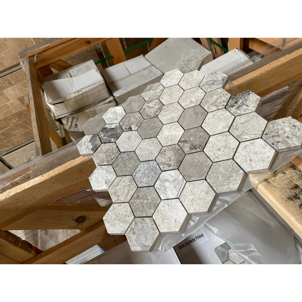 Atlantic gray marble 2 inch hexagon mosaic tile in metallic silver-gray polished or honed finish with subtle veining