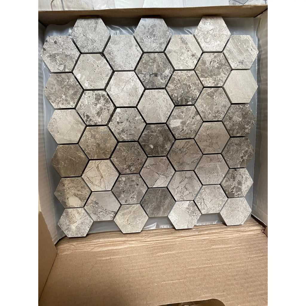 Atlantic gray marble 2 inch hexagon mosaic tiles with polished or honed natural gray and beige veining pattern