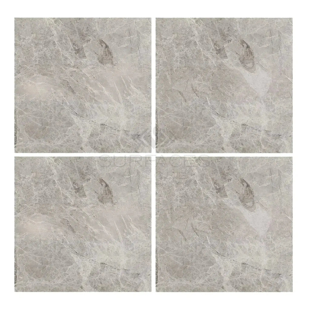 Four Atlantic Gray Marble 6X6 Polished or Honed tiles displayed on a neutral background