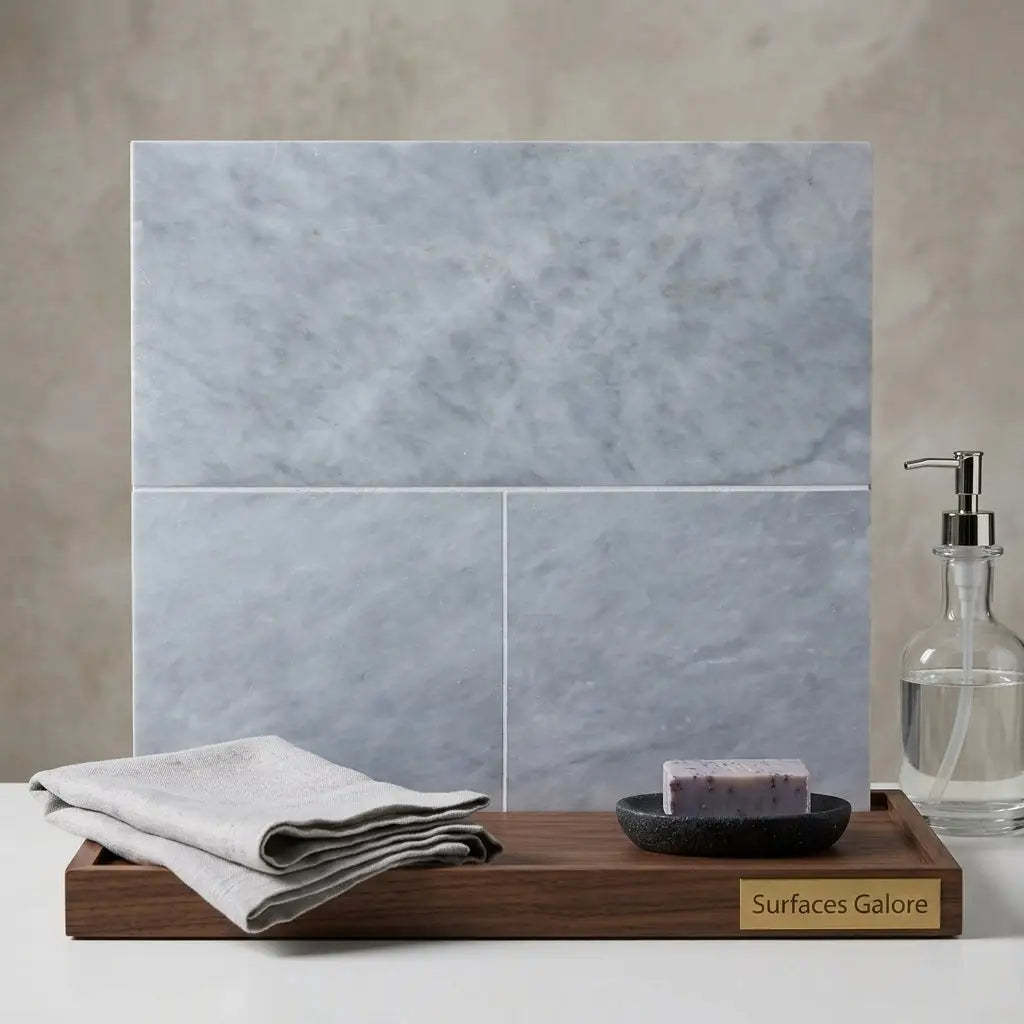 Azure Imperio 12x12 marble tile with light gray marble effect subtle veining and a smooth polished finish