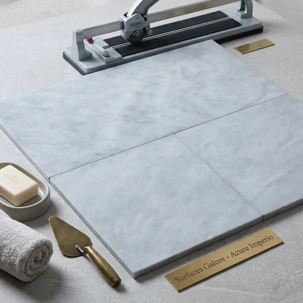 Azure Imperio 12x24 marble tile in light gray with subtle veining showcasing surfaces galore collection
