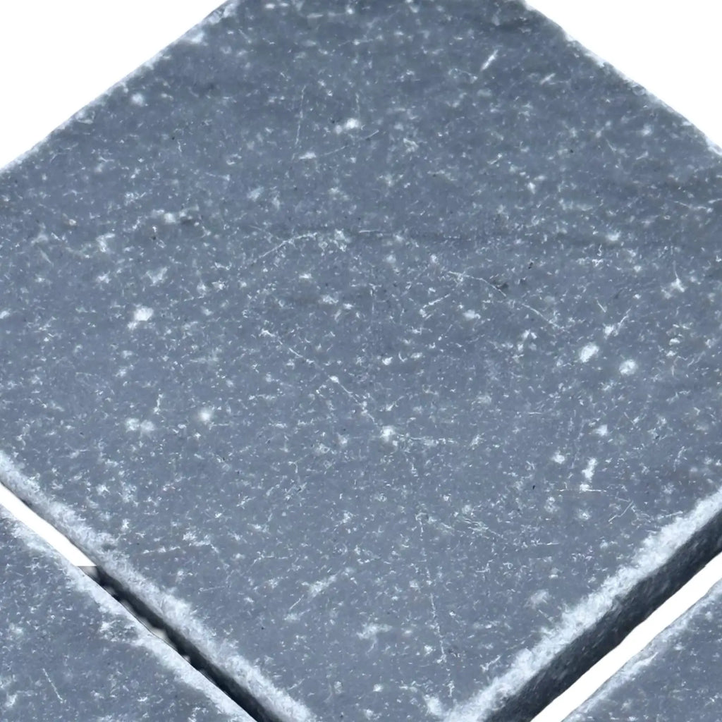 Dark gray Bardiglio 3x3 tumbled square tile with white speckles and fine scratches