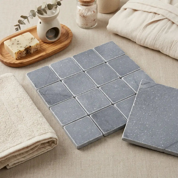 Bardiglio 3x3 tumbled gray speckled square mosaic tiles with a subtle matte finish for elegant wall or floor use