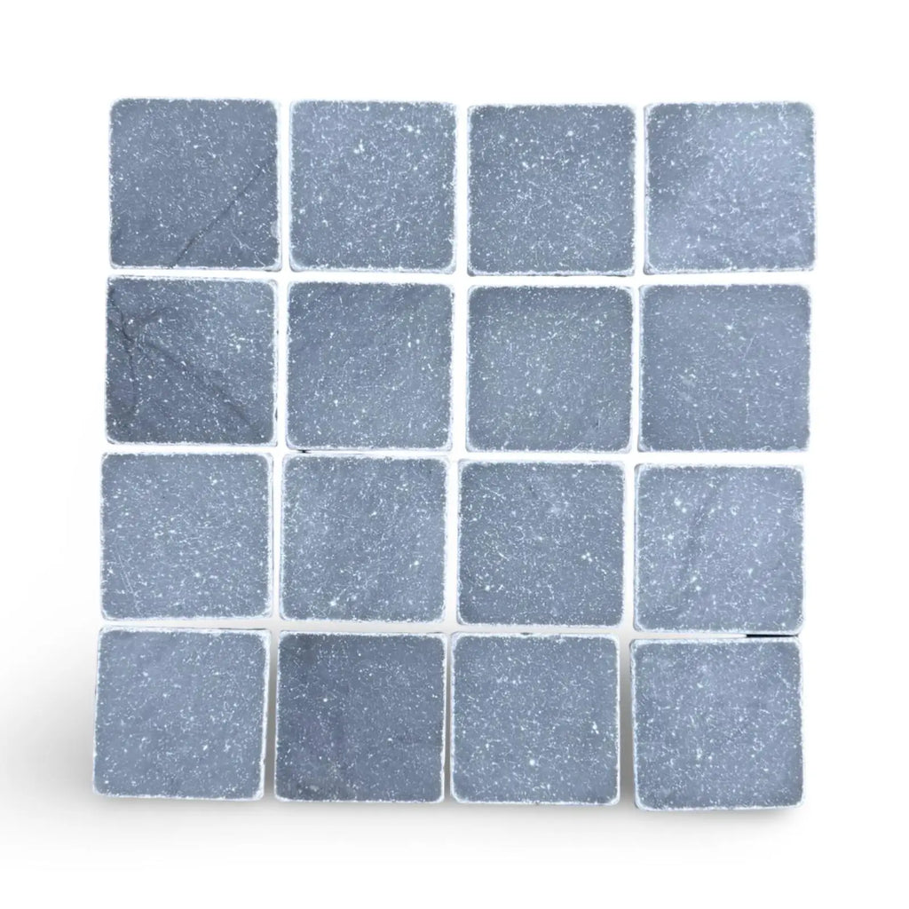 Bardiglio 3X3 Tumbled dark blue-gray speckled stone tiles with rounded corners arranged in a grid