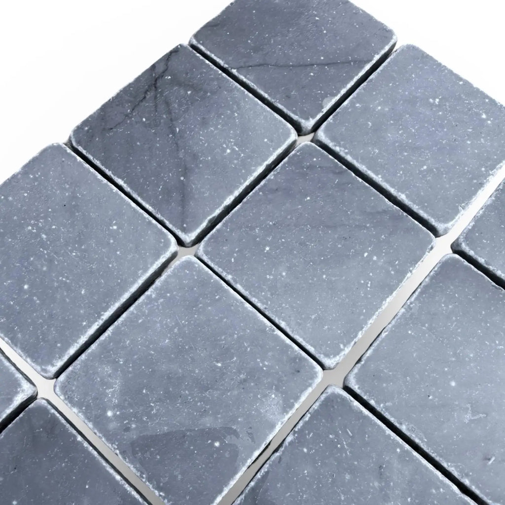 Bardiglio 3X3 Tumbled mosaic with gray tiles, white flecks, and natural stone variations